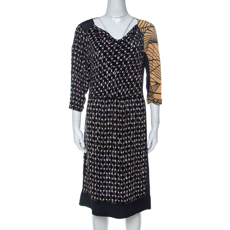 Dries Van Noten Multicolor Abstract Print Silk Sequinned & Beaded Detail Midi Dress M