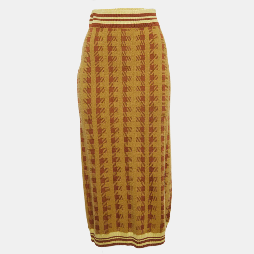 Dries van Noten Yellow/Brown Checked Knit Midi Skirt M