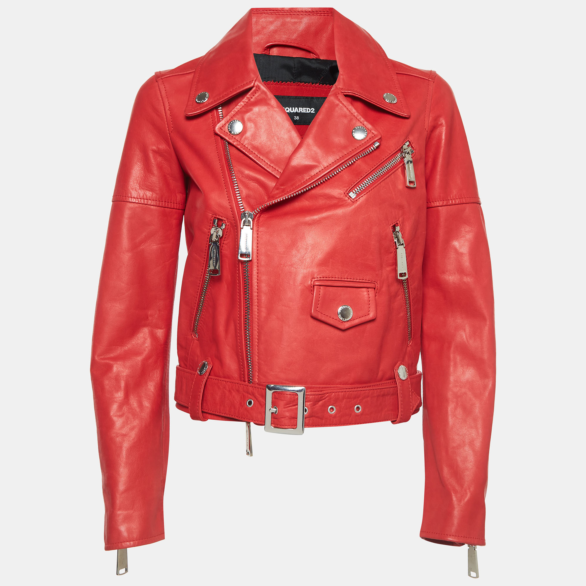 

Dsquared2 Red Leather Zip-Up Biker Jacket