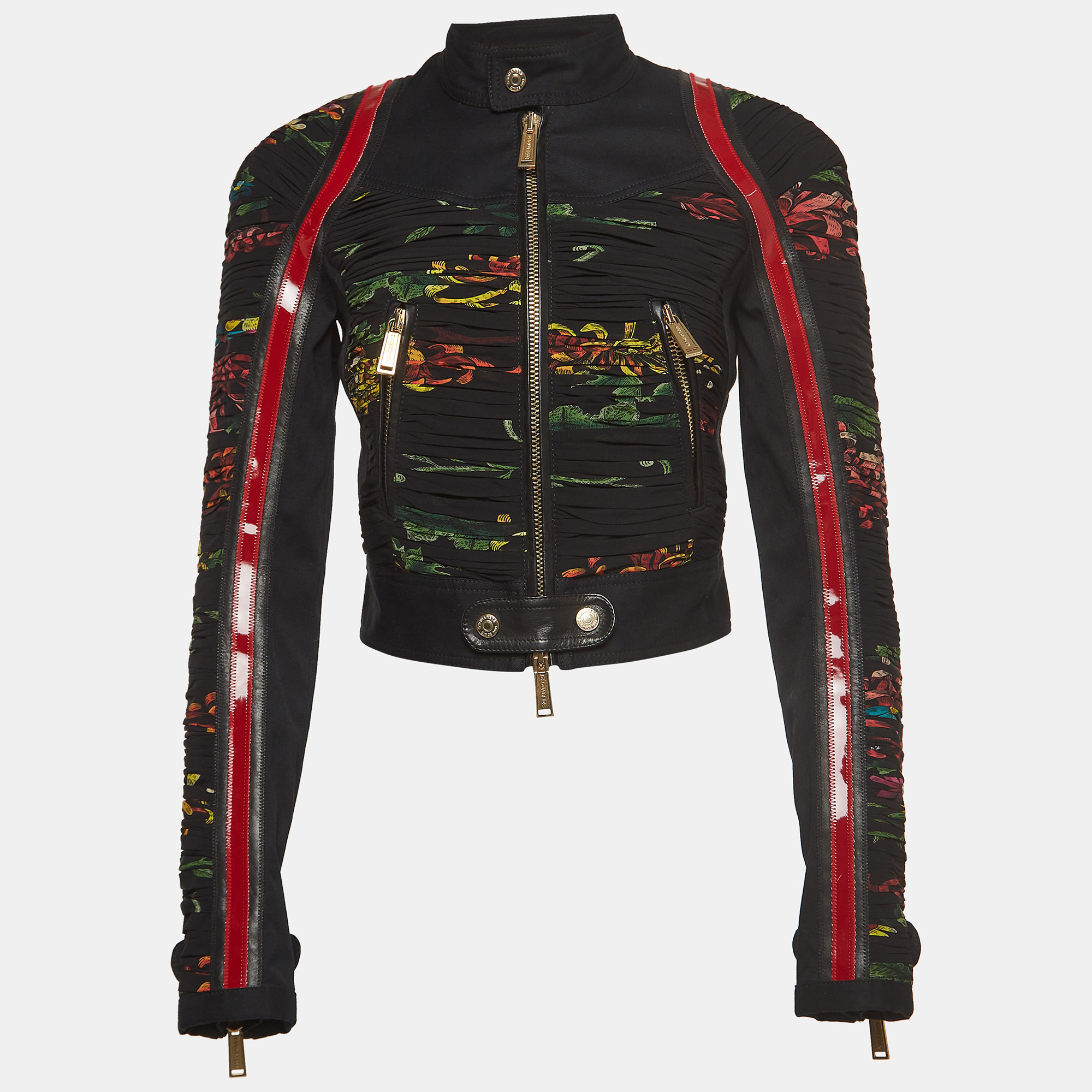 Dsquared2 black floral print leather trim denim biker jacket s