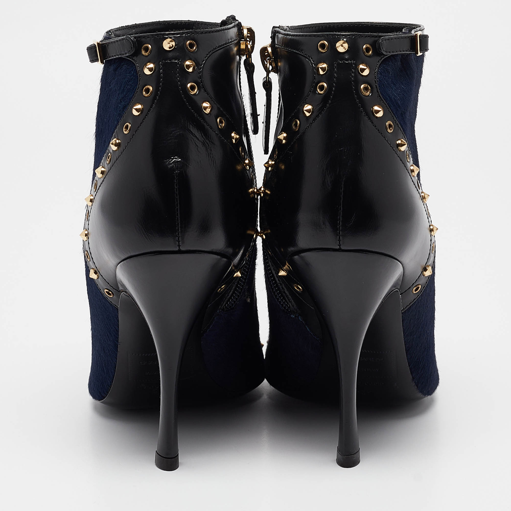 Dsquared2 Black/Blue Calfhair And Leather Studded Heeled Ankle Length Boots Size 39