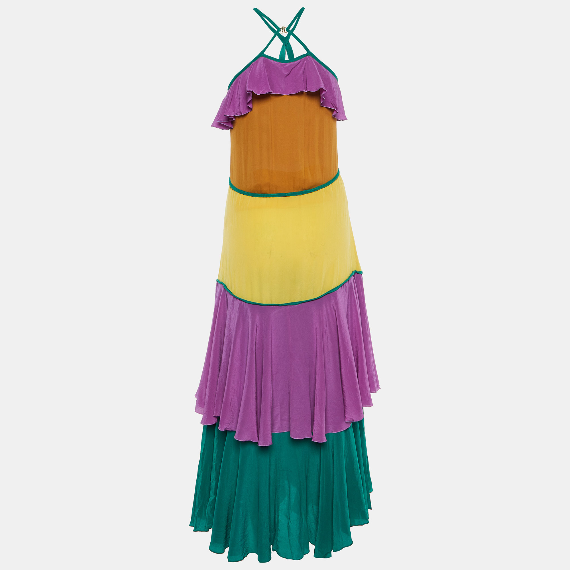 Dsquared2 Purple Colorblock Silk Ruffled Sleeveless Long Dress S