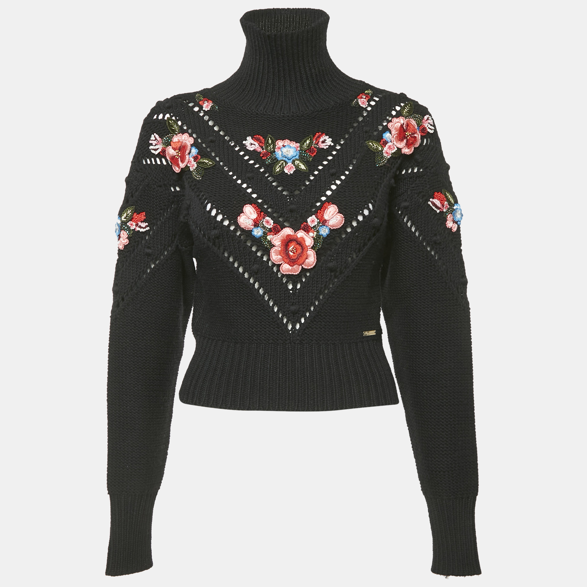 Dsquared2 Black Floral Applique Wool Knit Turtleneck Sweater S
Dsquared2 Black Floral Applique Wool Knit Turtleneck Sweater S