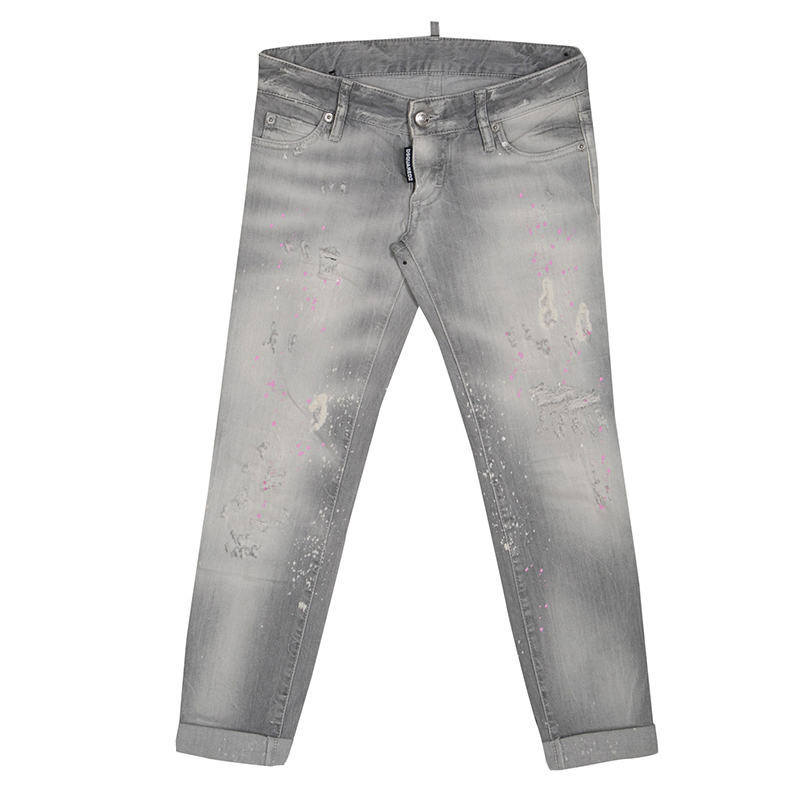 Image of Dsquared Grey Faded Effect Splattered Distressed Cuffed Jeans S