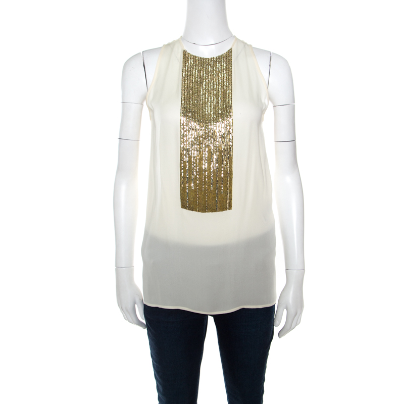 Dsquared2 Beige Embellished Panel Sleeveless Silk Top S