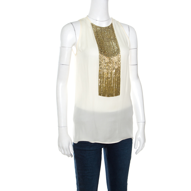Dsquared2 Beige Embellished Panel Sleeveless Silk Top S