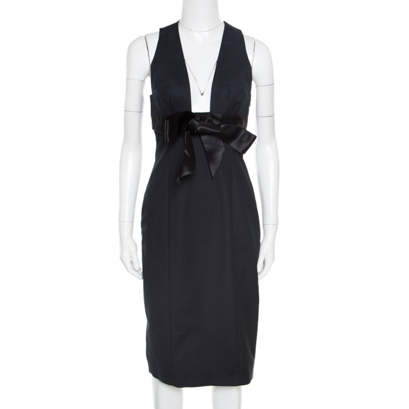 Image of Dsquared Black Cotton Satin Bow Detail Plunge Neck Sleeveless Dress M