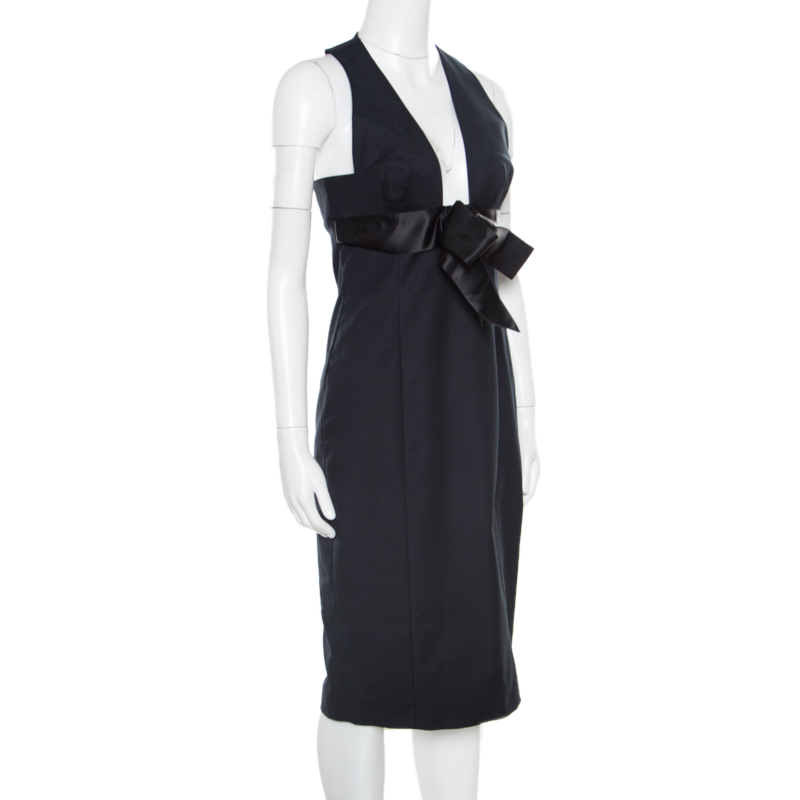 Dsquared2 Black Cotton Satin Bow Detail Plunge Neck Sleeveless Dress M