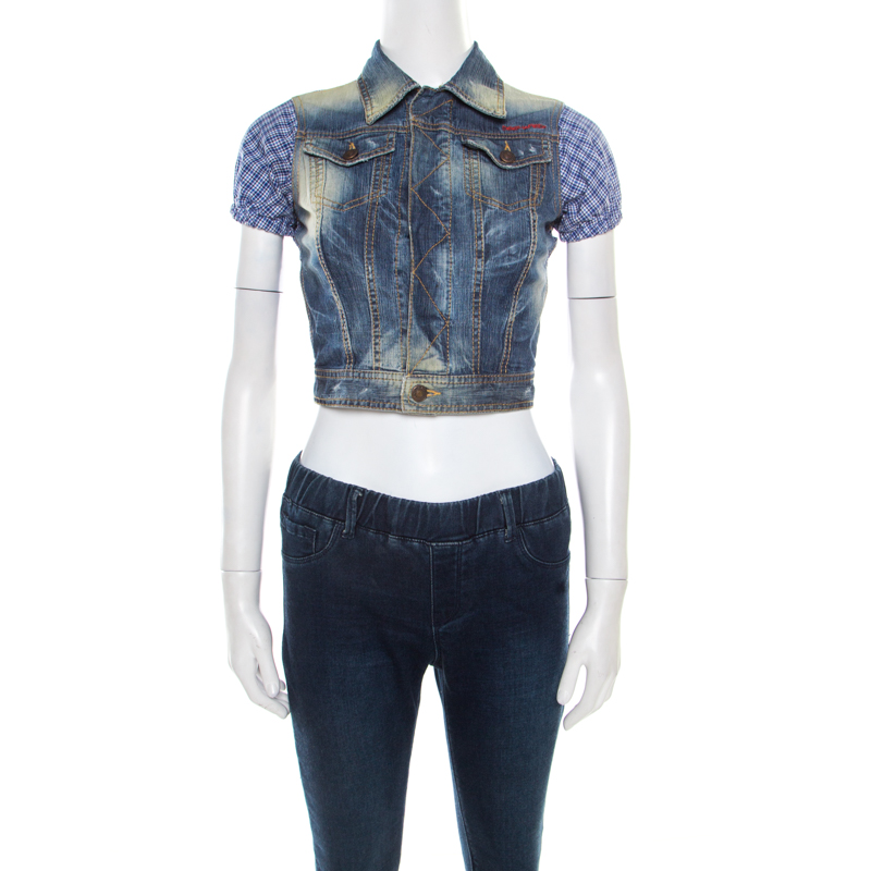 Dsquared2 indigo distressed faded effect contrast sleeve cropped denim vest s