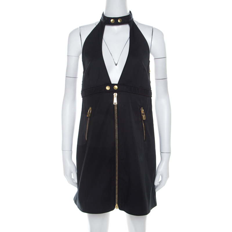 Image of Dsquared Black Stretch Cotton Backless Halter Mini Dress M