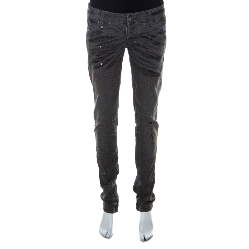 Dsquared2 Grey Crystal Embellished Splatter Effect Denim Super Skinny Jeans M
