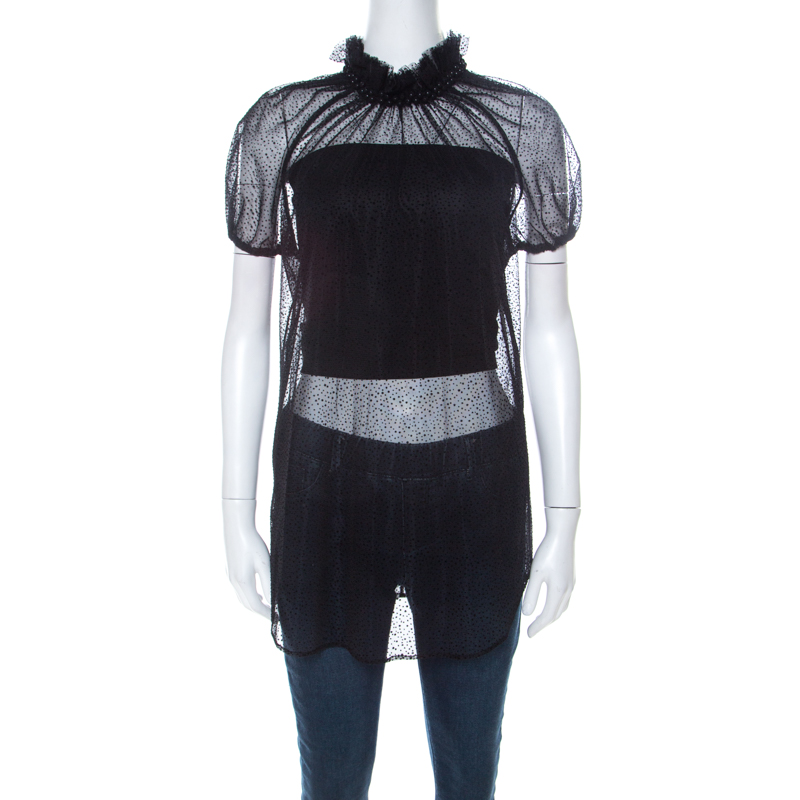 Image of Dsquared Black Swiss Dot Tulle Beaded Ruffle Neck Top M