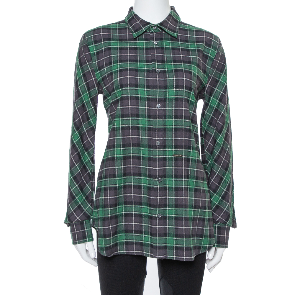 Image of Dsquared Green & Grey Cotton Checked Flannel Shirt M