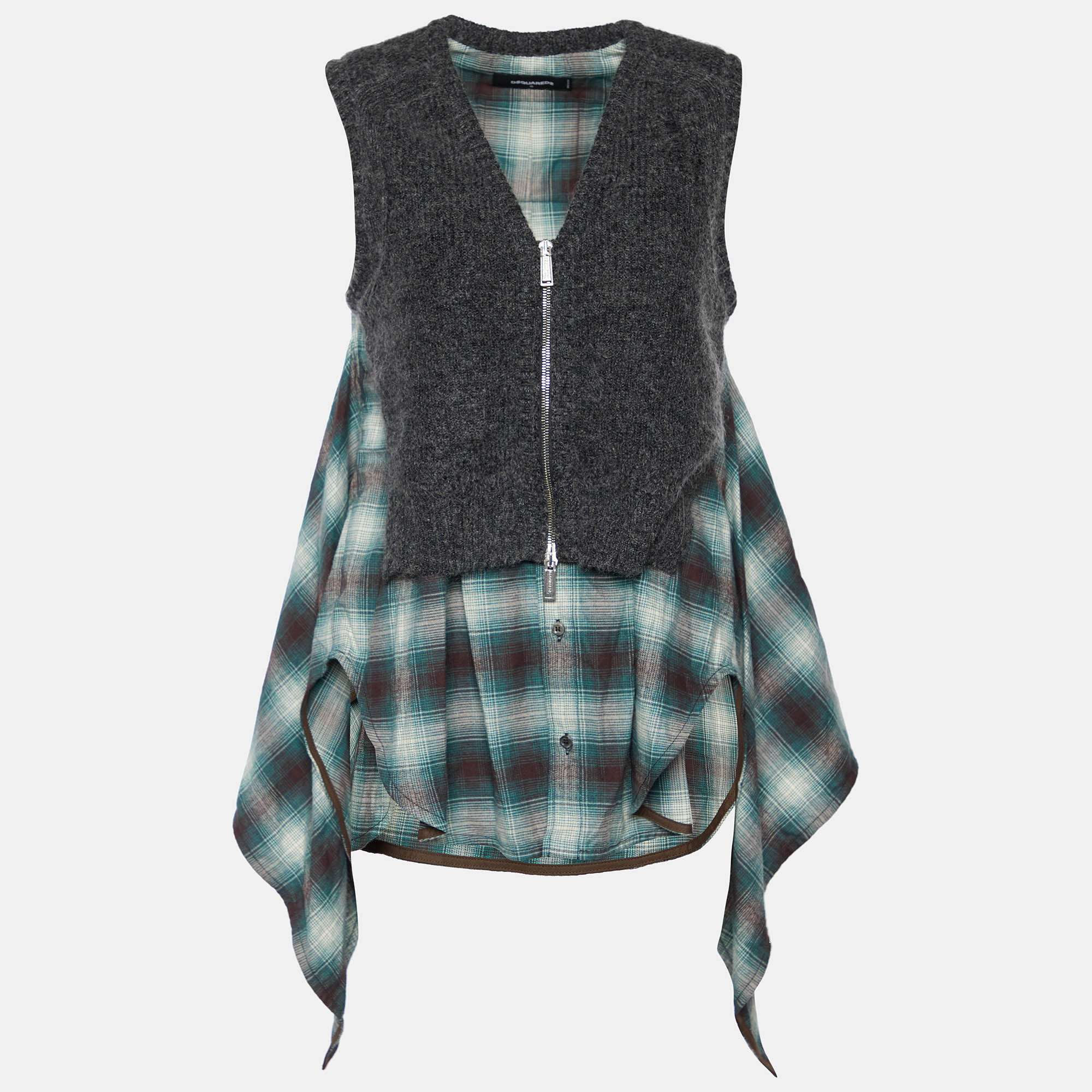 Dsquared2 Green Checkered Cotton & Knit Overlay Sleeveless Shirt S