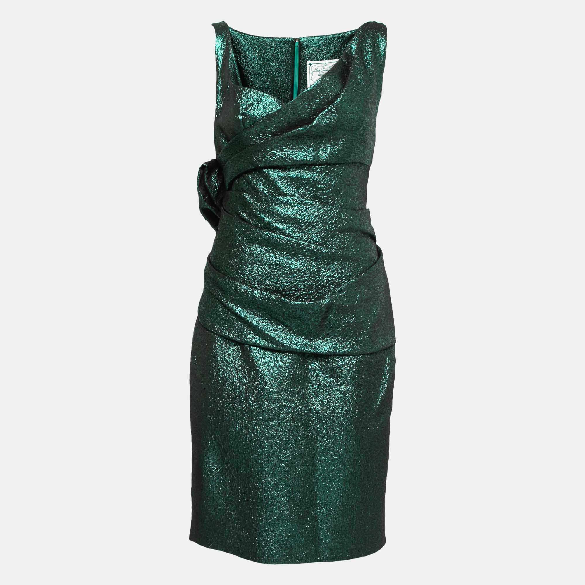 Dsquared2 Metallic Green Lame Fabric Bow Detail Sleeveless Draped Midi Dress M