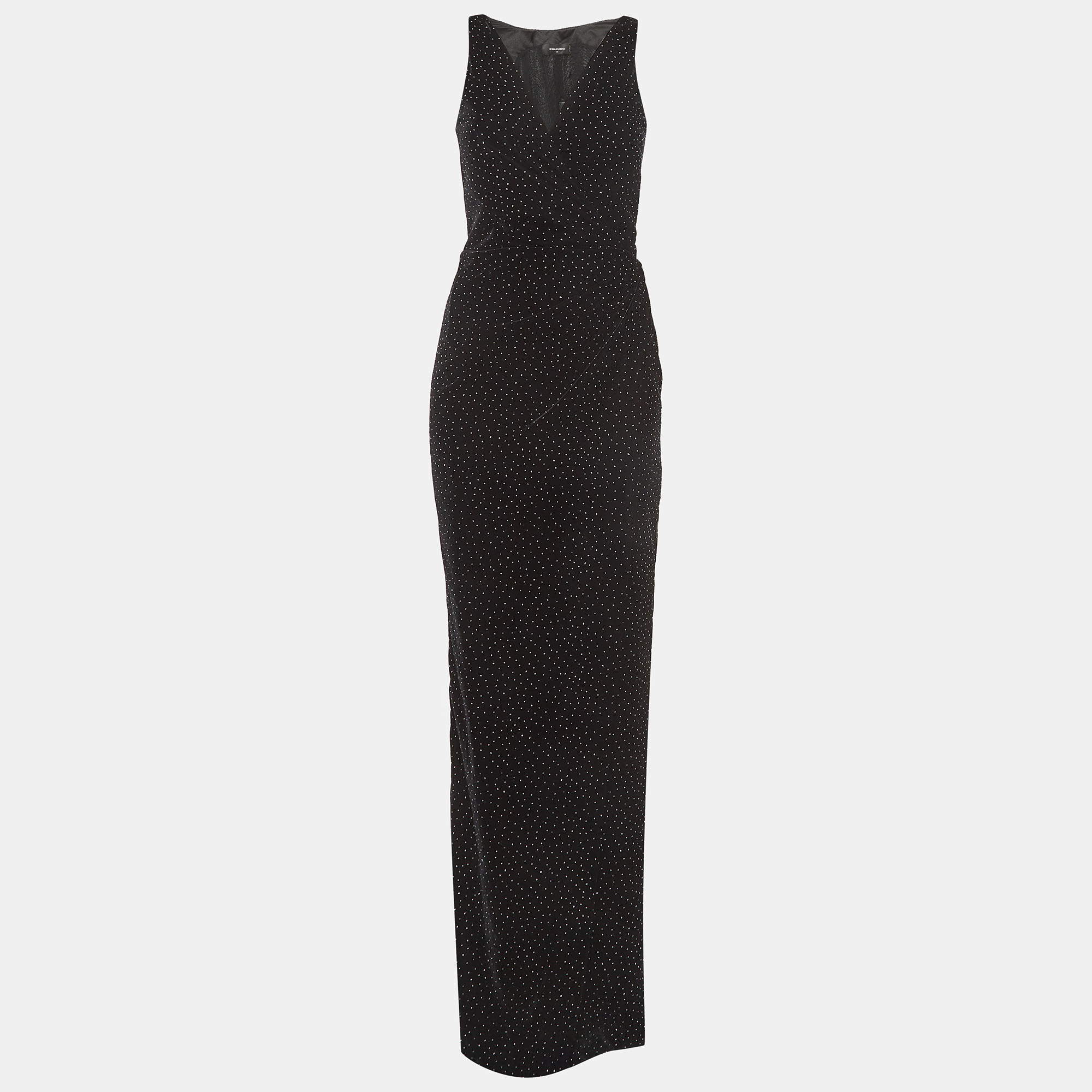 Dsquared2 black velvet glitter detail sleeveless wrap dress m