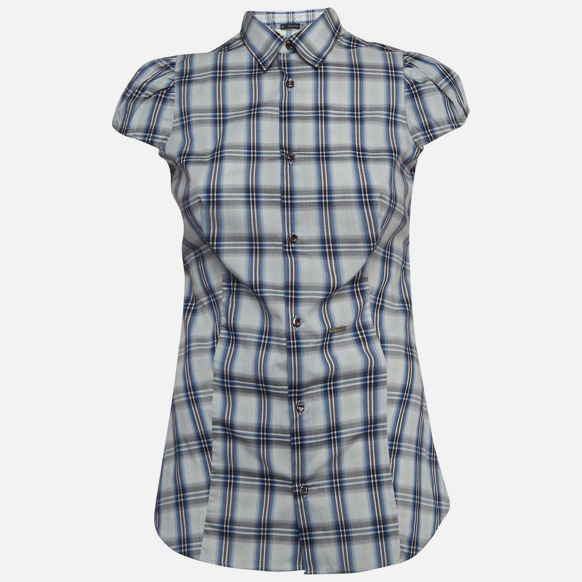 Dsquared2 blue checked cotton buttoned short puff sleeve shirt m