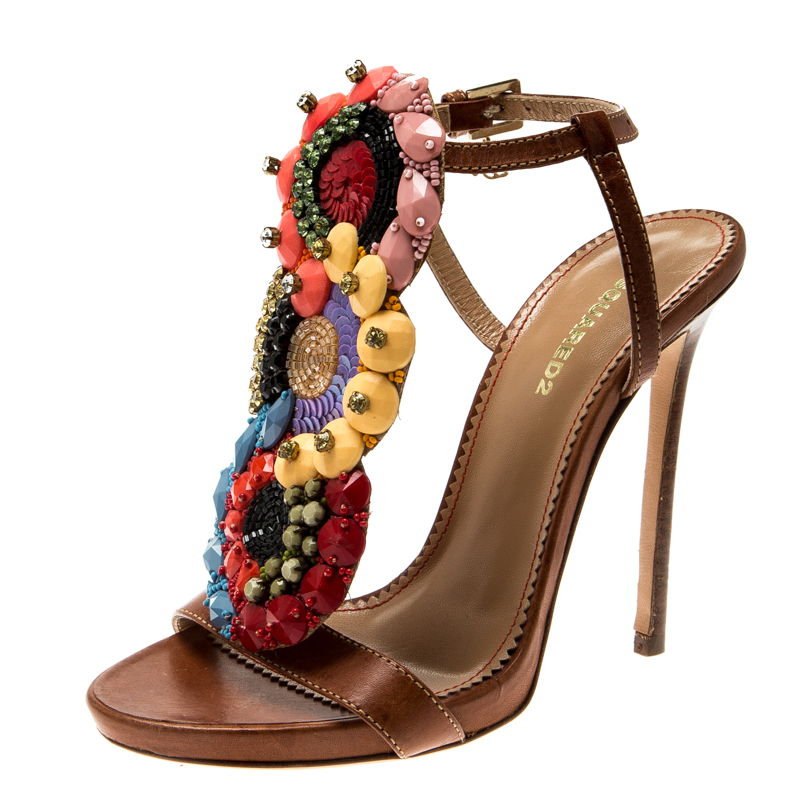Image of Dsquared Brown Leather Embellished Ankle Strap Sandals Size