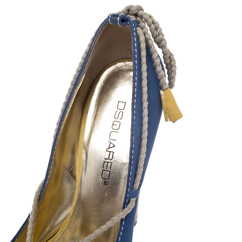 Dsquared2 Blue Nubuck And Jute Trim Embellished Open Toe Block Heel Pumps Size 38
