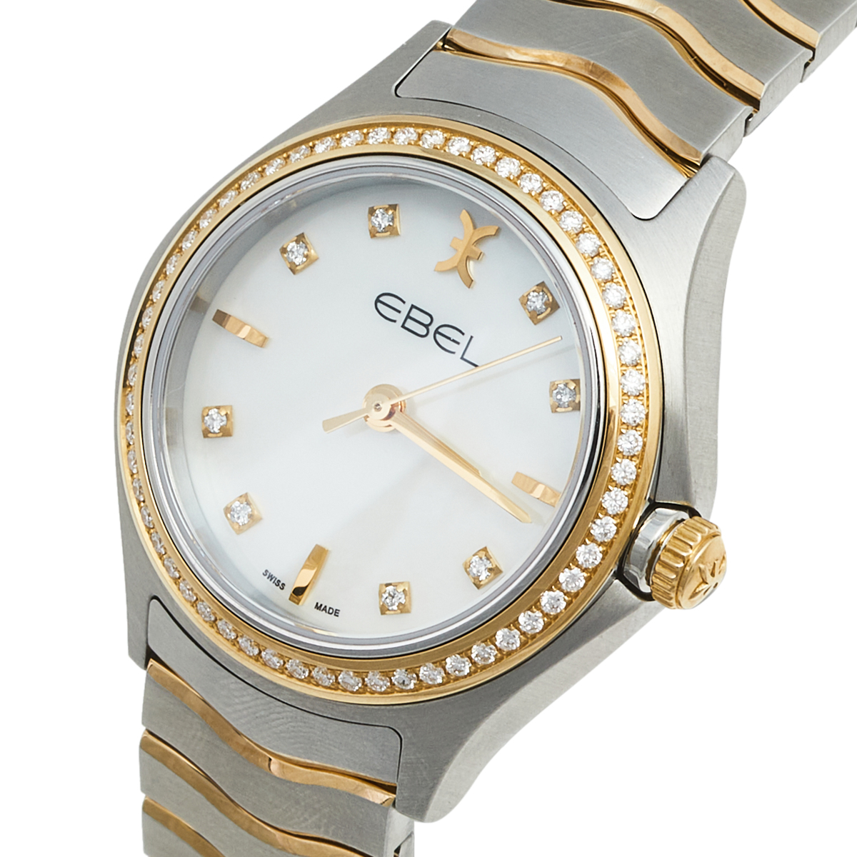 Ebel Mother of Pearl 18k Yellow Gold Stainless Steel Diamond  Wave 1216351 Women's Wristwatch 30 mm