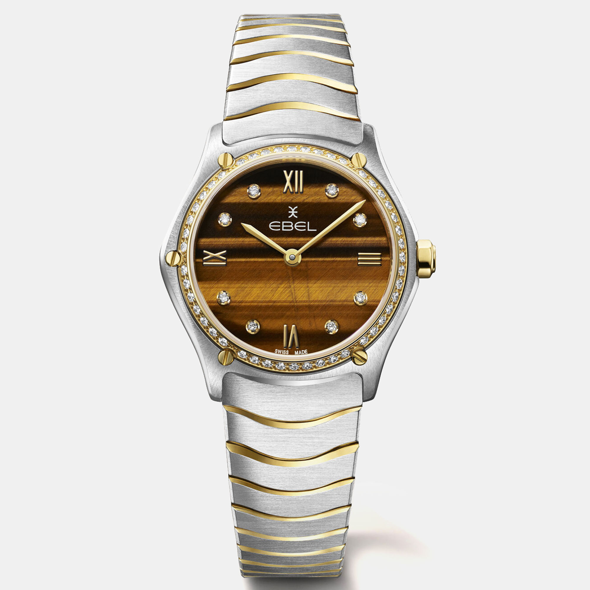 Ebel tiger's eye dial stainless steel and 18k yellow gold sport classic women's watch 29 mm