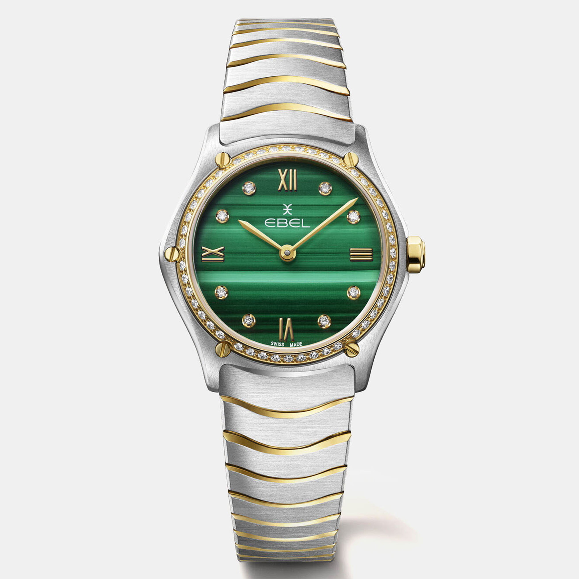 Ebel malachite dial stainless steel and 18k yellow gold sport classic women's watch 29 mm