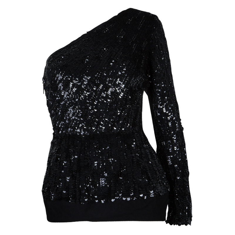 Image of Elie Saab Black Sequin Embellished One Shoulder Top S