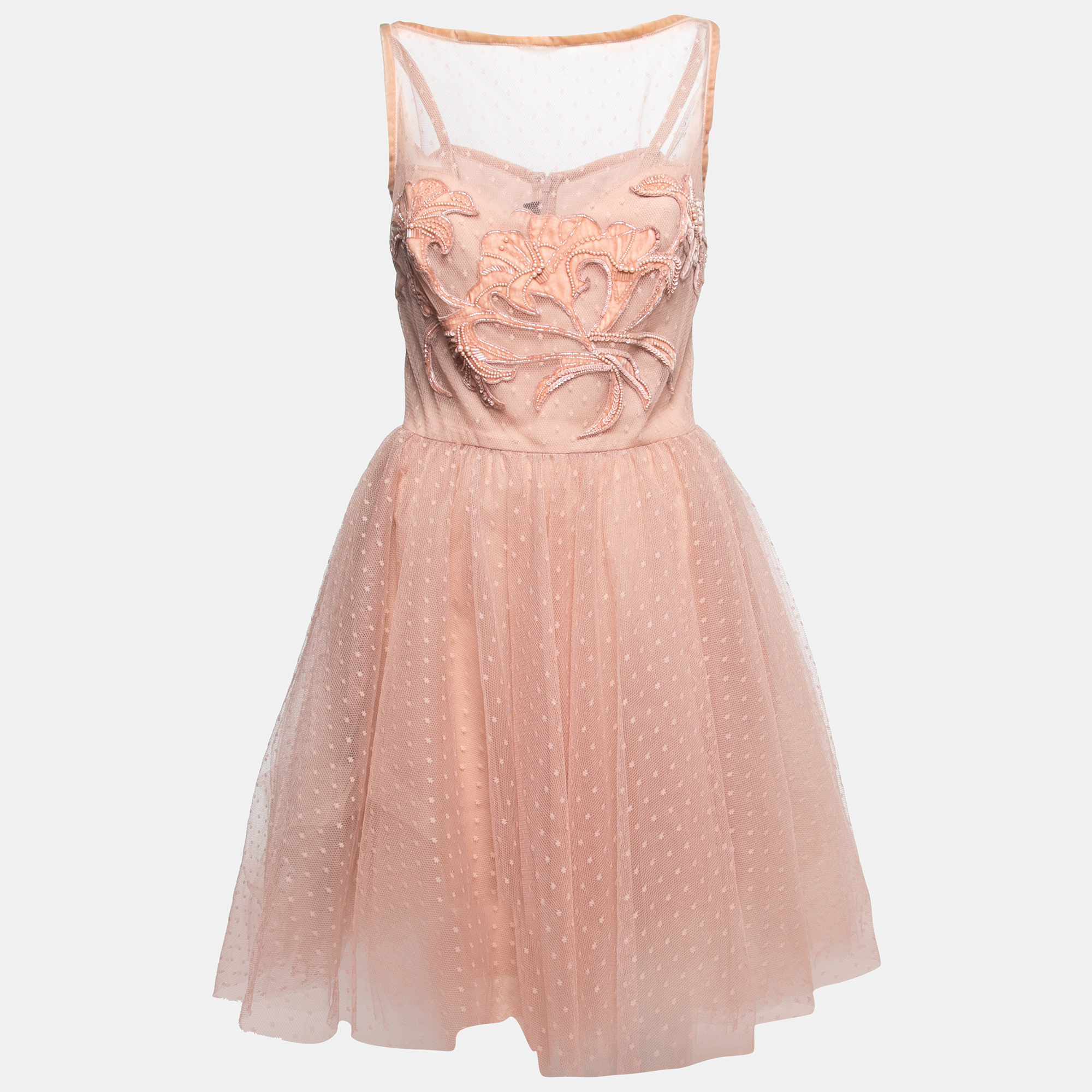 Elie Saab Light Dotted Tulle Embellished Mini Flared Dress L