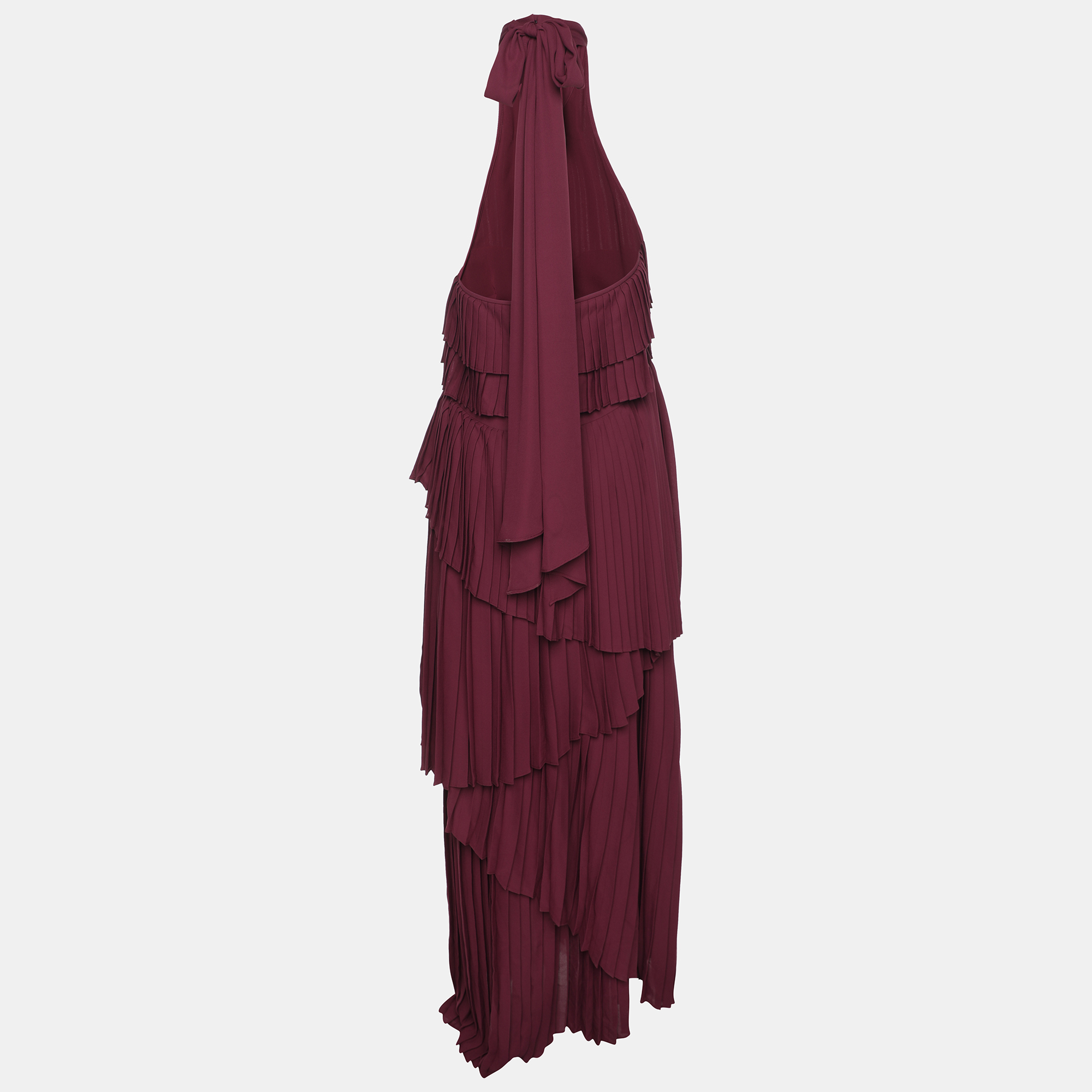 Elie Saab Burgundy Polyester Halterneck Pleated Long Dress M