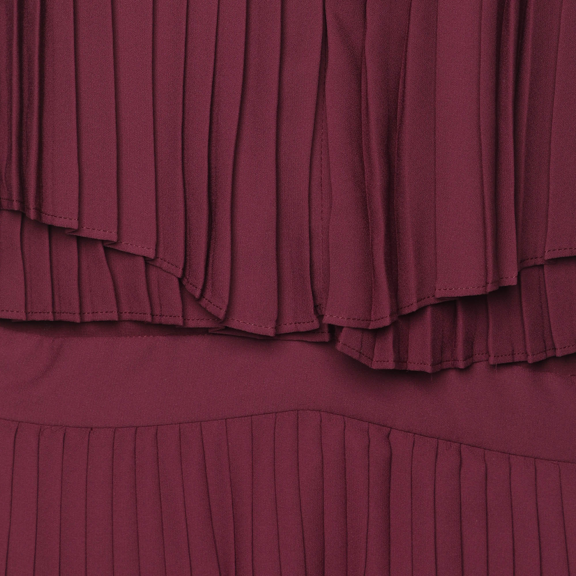 Elie Saab Burgundy Polyester Halterneck Pleated Long Dress M