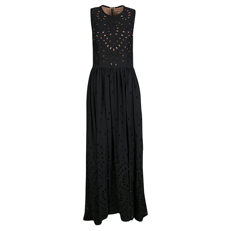 Image of Elie Saab Black Eyelet Embroidered Gathered Sleeveless Maxi Dress S