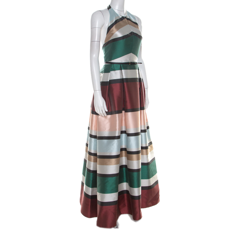 Elie Saab Multicolor Candy Striped Halter Neck Ball Gown S