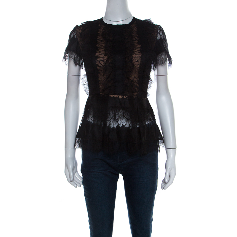 Image of Elie Saab Black Lace Short Sleeve Peplum Top XS