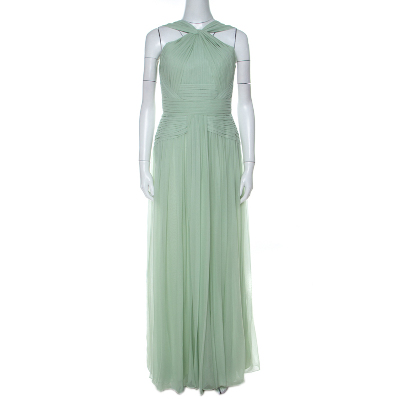Image of Elie Saab Mint Green Silk Georgette Pleated Dress S