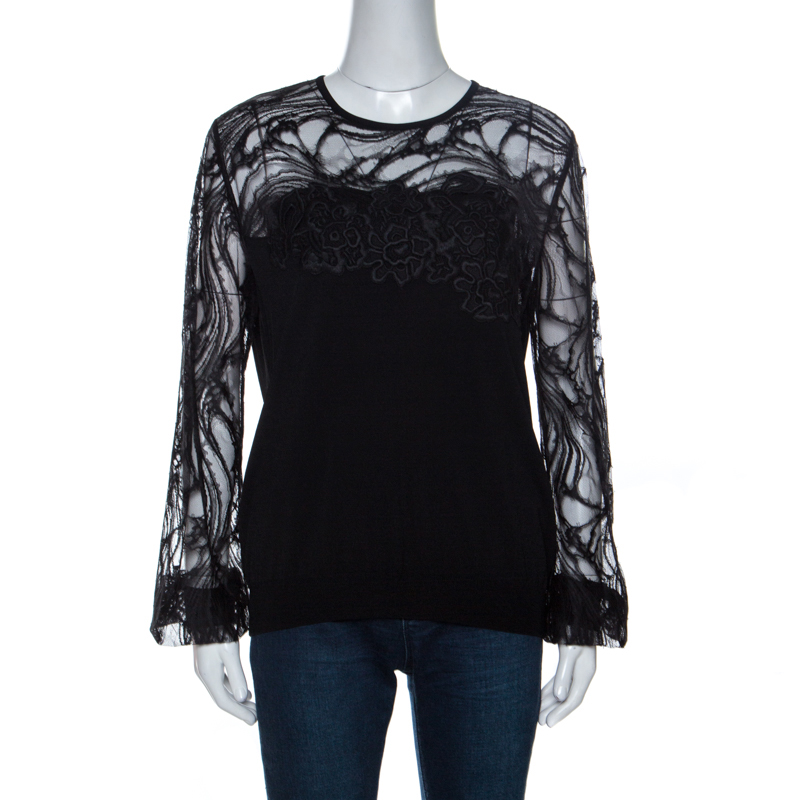Image of Elie Saab Black Knit Lace Trim Detail Top M