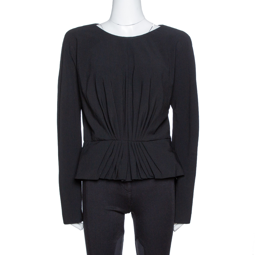 Image of Elie Saab Black Wool Crepe Ruched Detail Long Sleeve Top M
