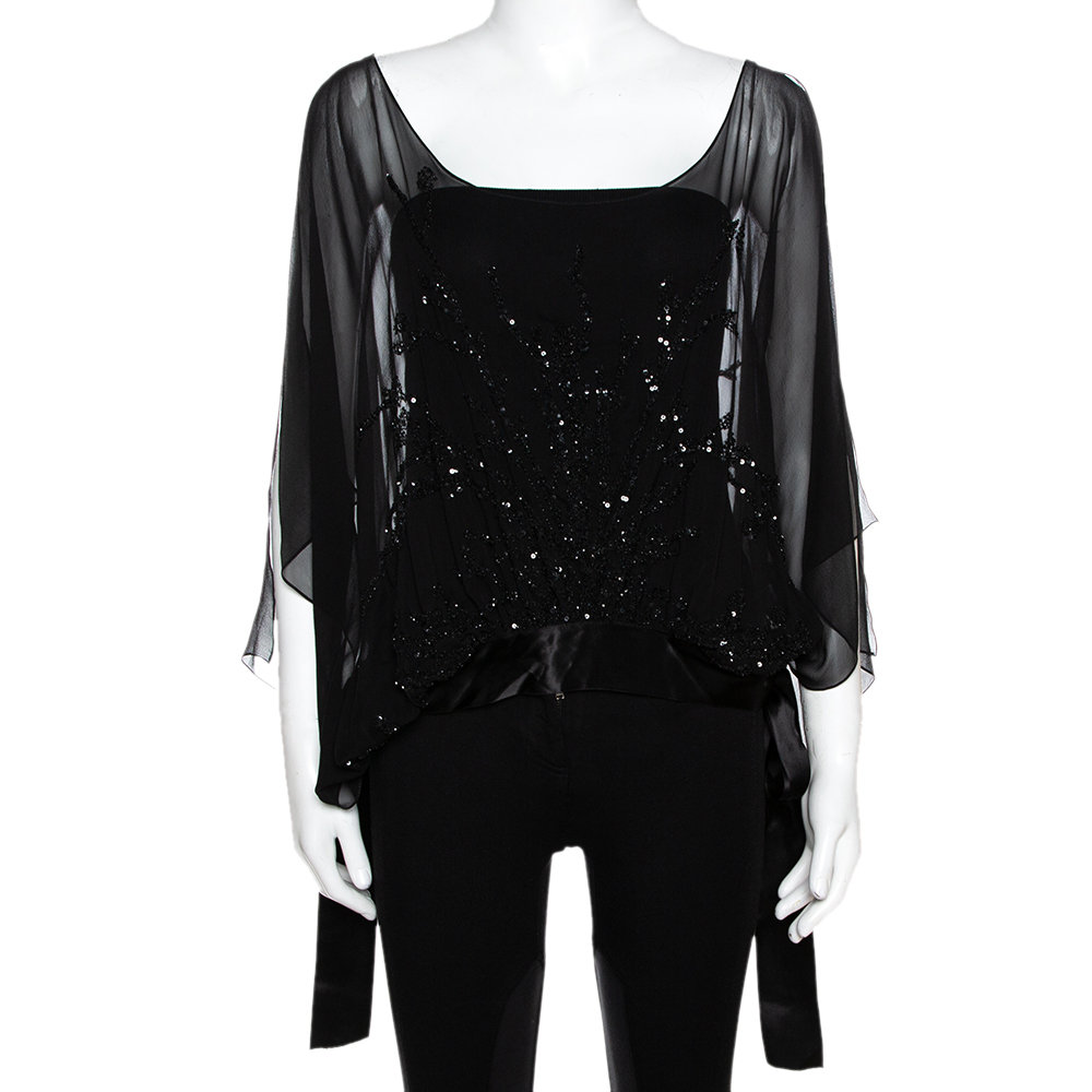 Image of Elie Saab Black Silk Sequin Embellished Sheer Kaftan Top L