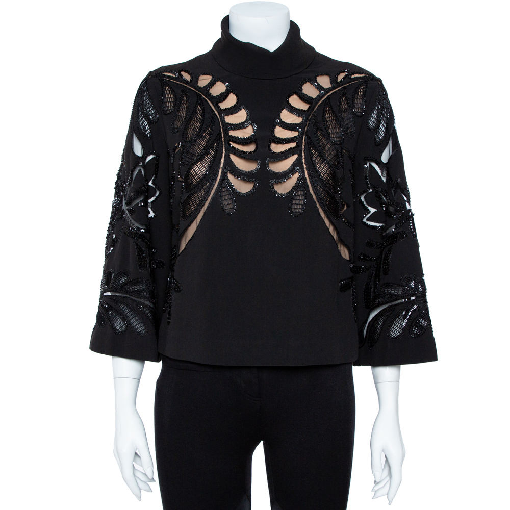 Image of Elie Saab Black Crepe Embellished Lace Detail High Neck Blouse S