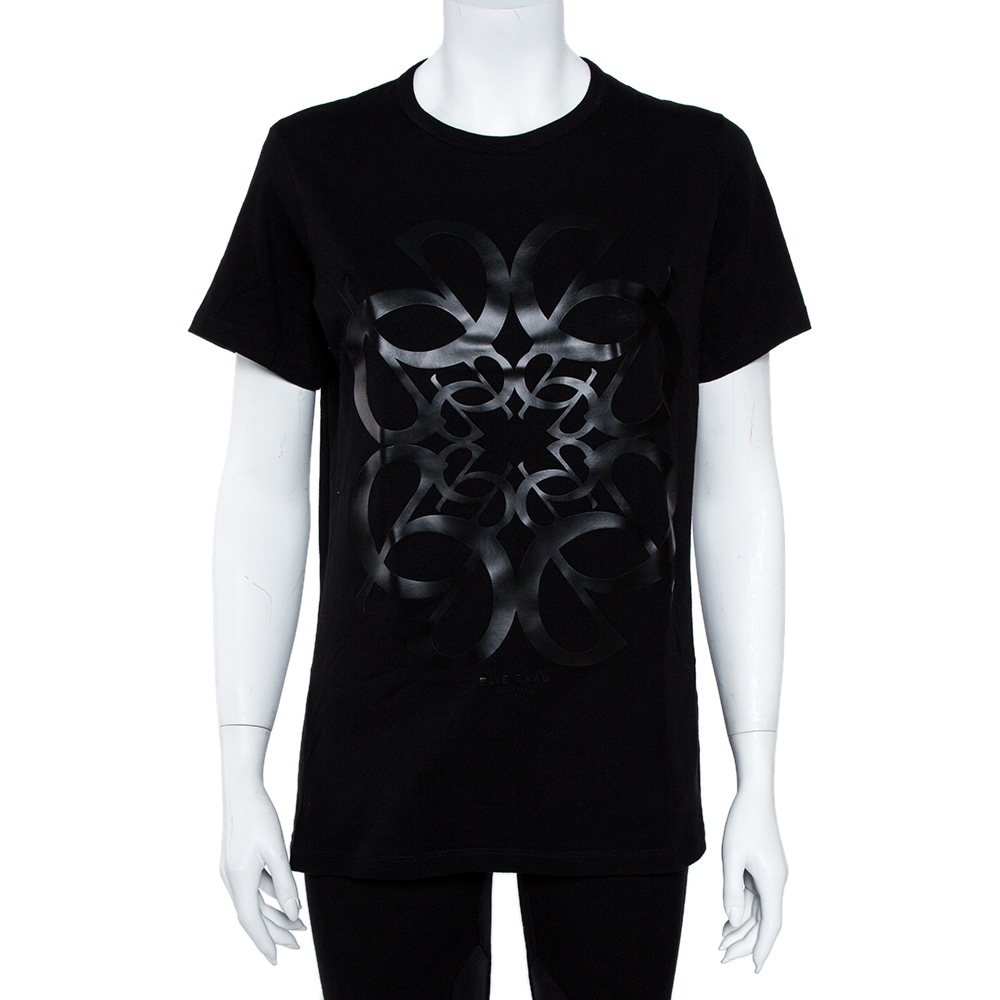 Image of Elie Saab Black Cotton Jersey Logo Embossed T-Shirt S