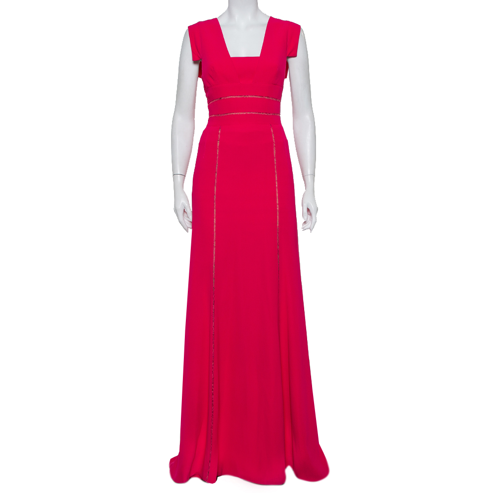 Elie Saab Pink Crepe Lace Trim Detail Paneled Gown S