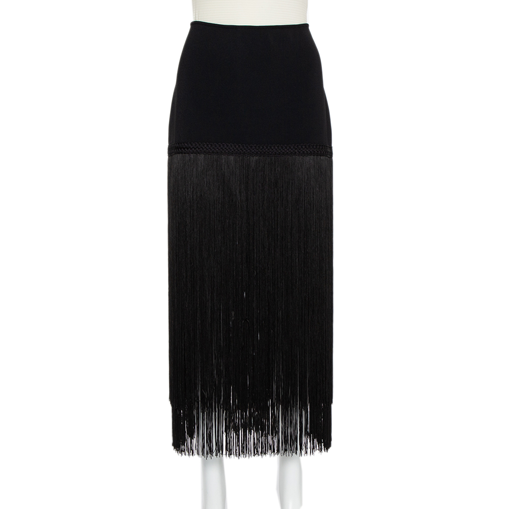Elie Saab Black Knit Tasseled Midi Skirt S