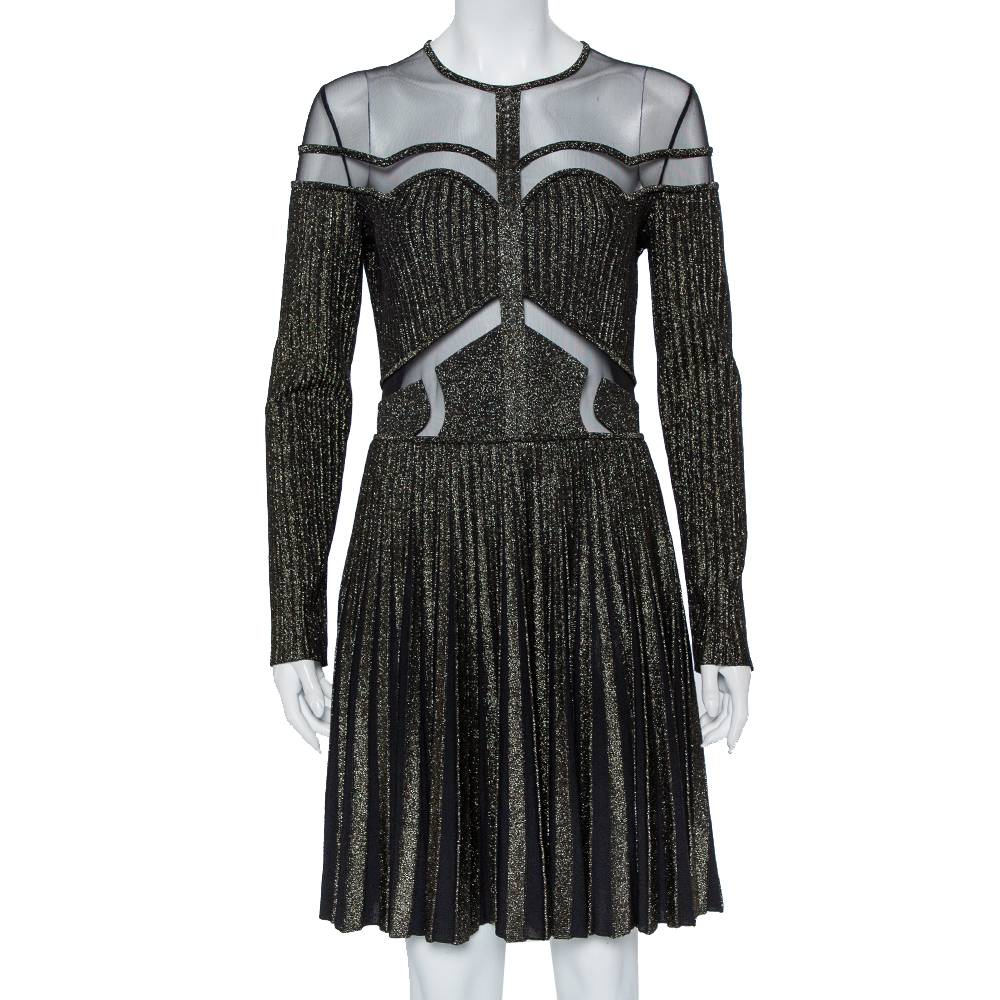 Elie Saab Black Lurex Knit & Tulle Paneled Flared Mini Dress M