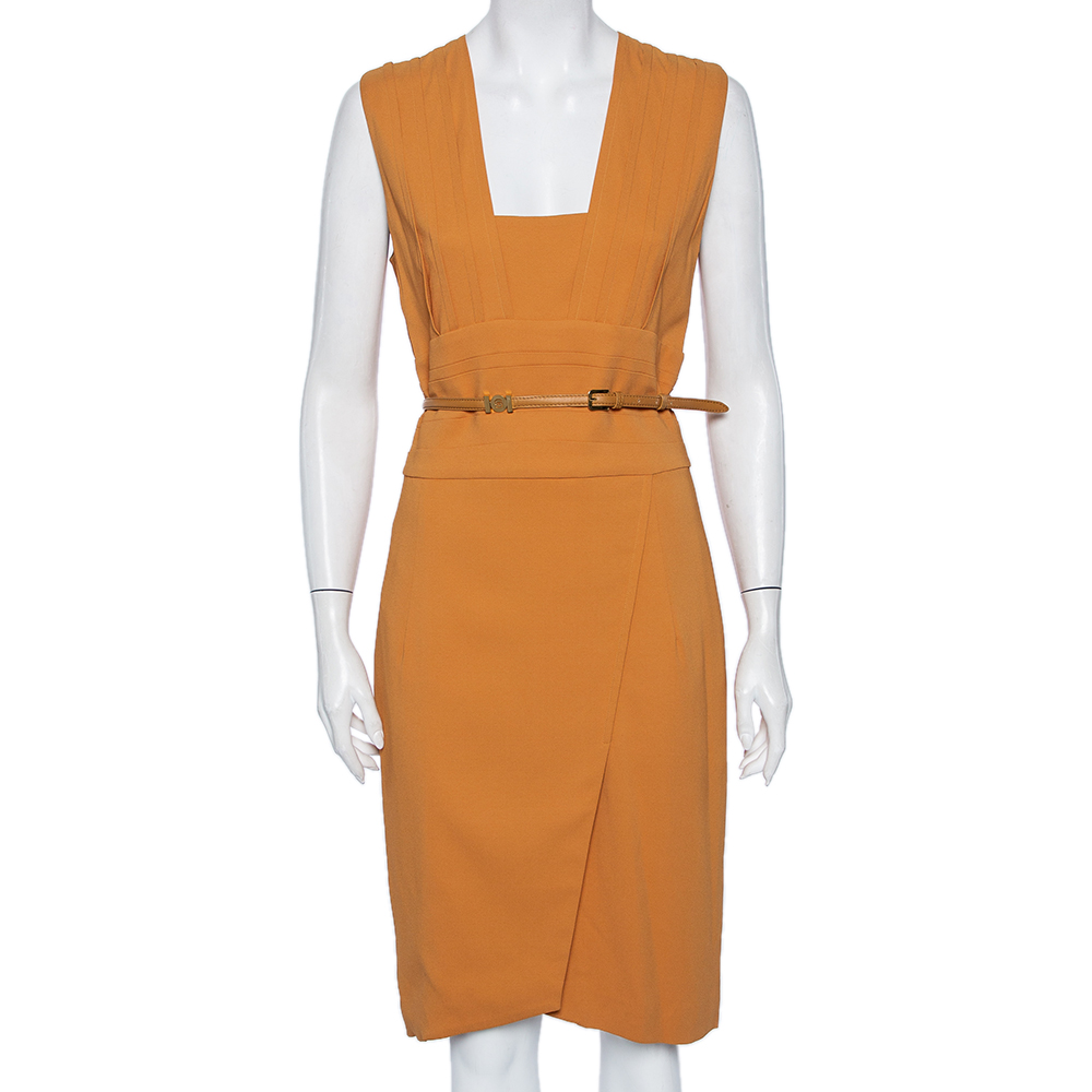 Elie saab camel brown crepe pleated detail belted sleeveless dress s