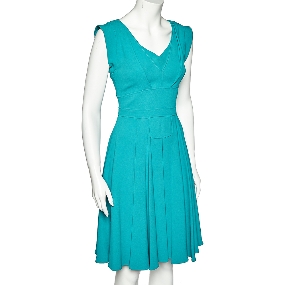 Elie Saab Teal Blue Crepe Pleated Detail Midi Dress XS