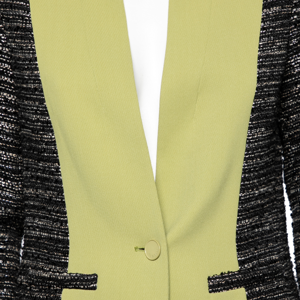Elie Saab Black & Green Tweed Crepe Paneled Cropped Blazer S