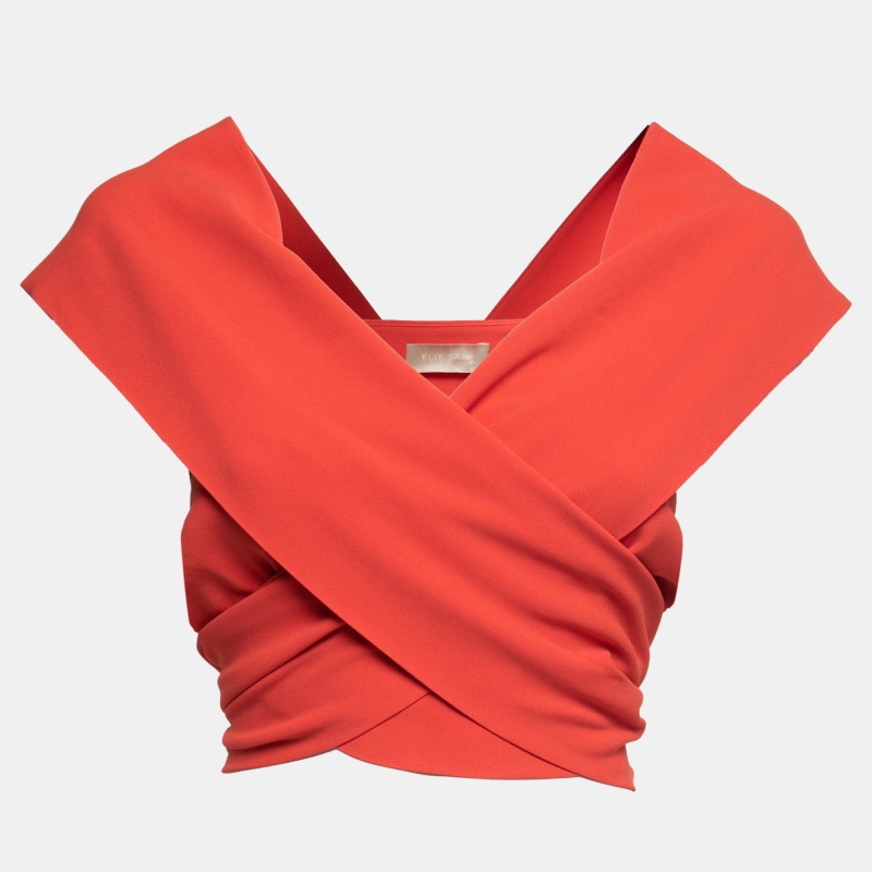 Elie saab coral orange crepe wrap around sleeveless cropped top xs