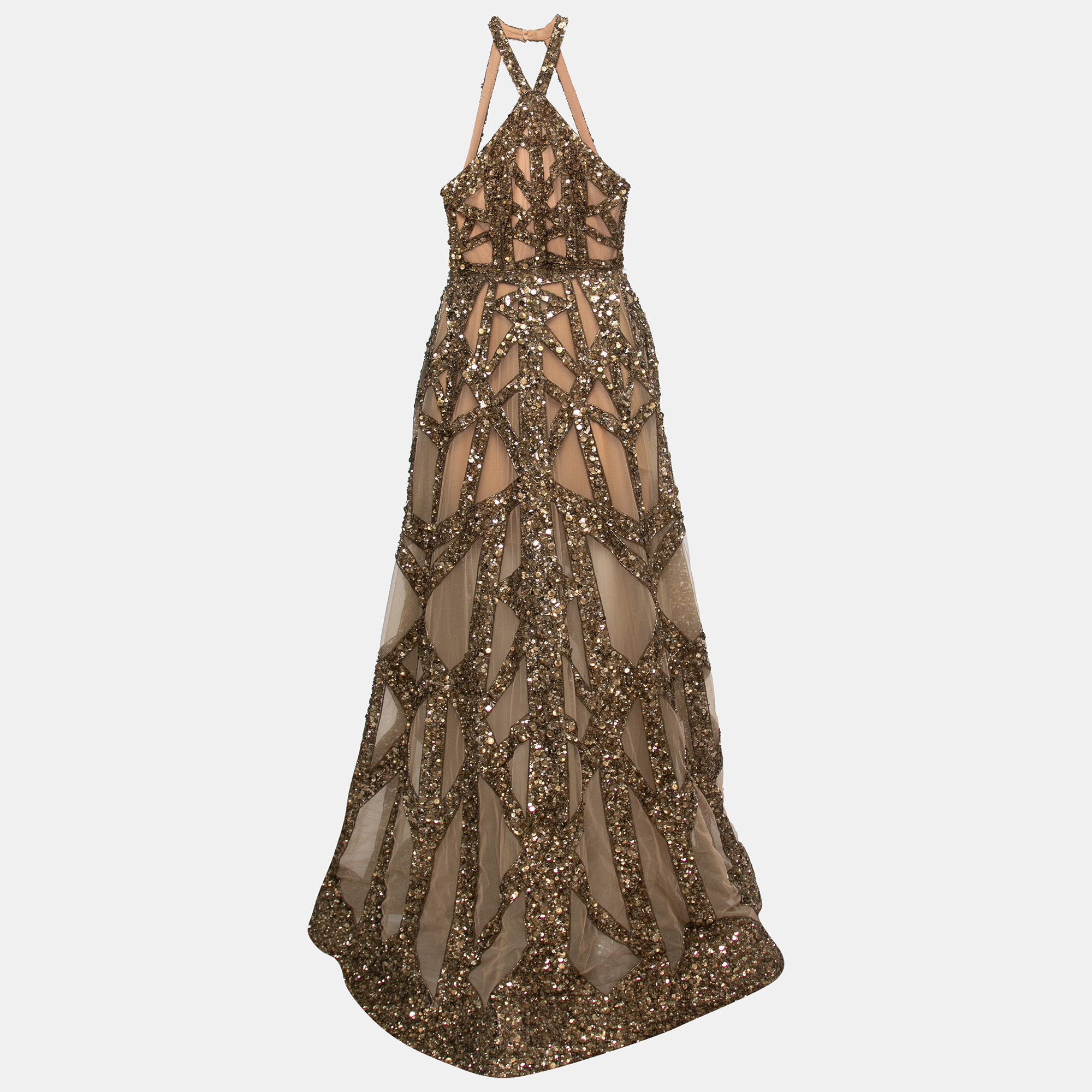 Elie Saab Beige Sequin Embellished Tulle Halter Neck Gown S