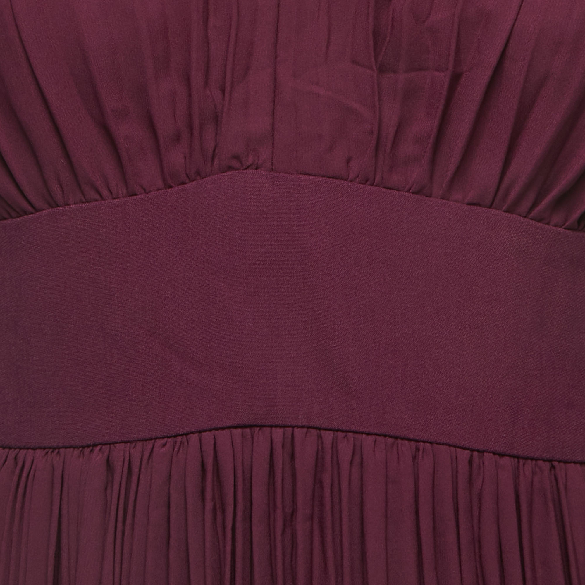 Elie Saab Burgundy Pleated Crepe Sleeveless Maxi Dress S