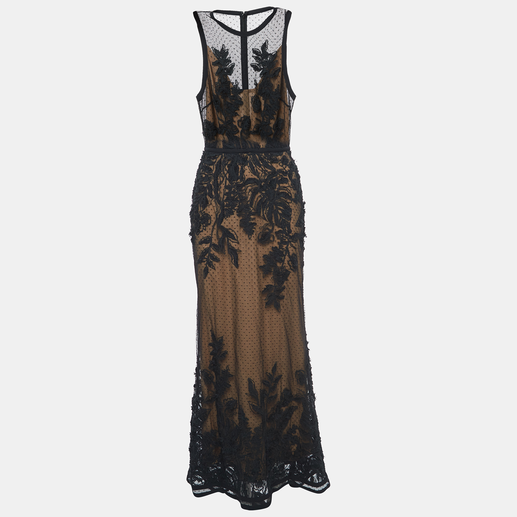Elie Saab Black Embroidered Tulle Sleeveless Gown S