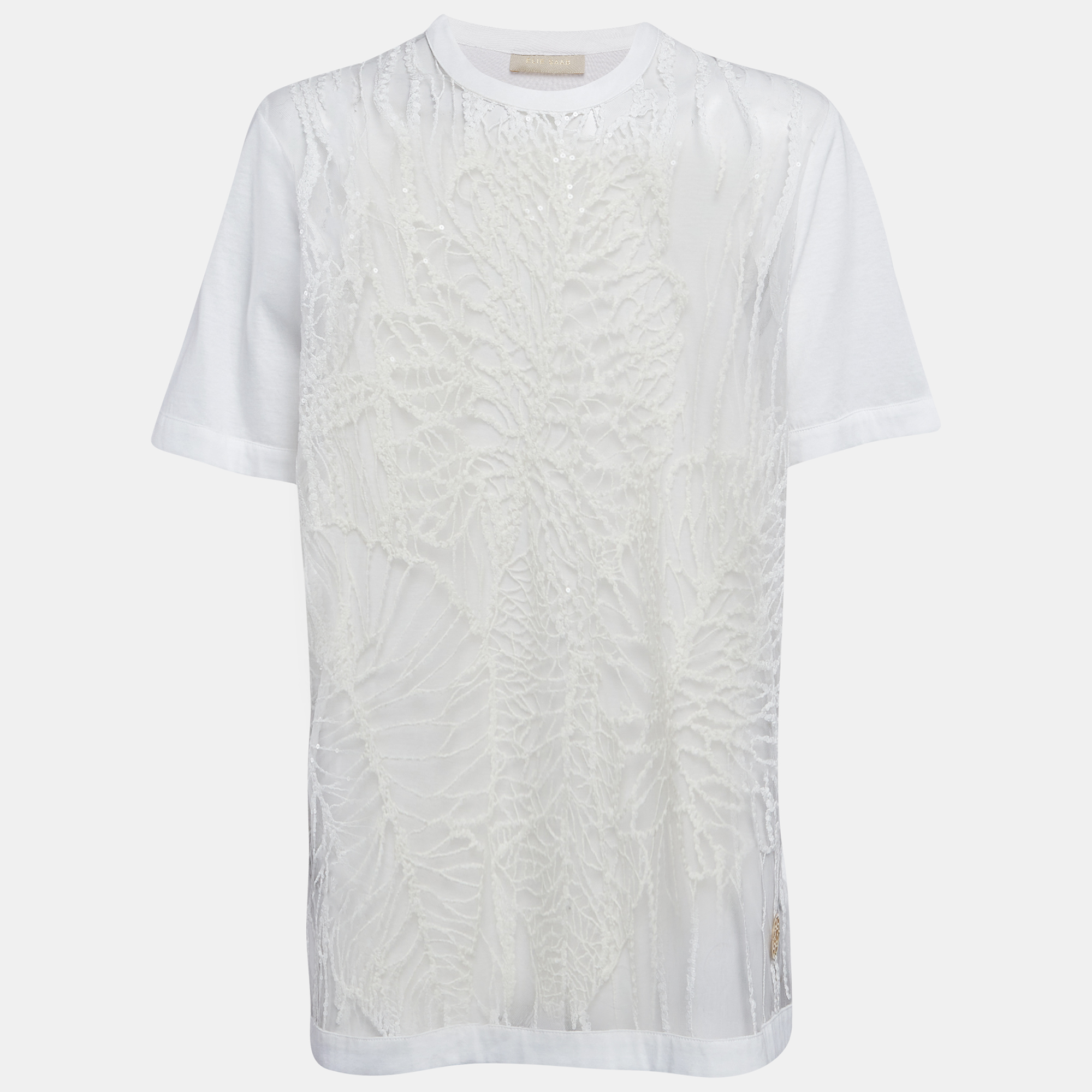 

Elie Saab White Embroidered Tulle and Cotton Knit Sheer T-Shirt